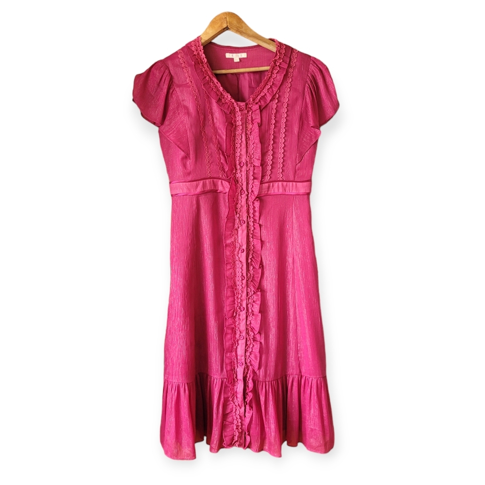 Vintage Y2K Coquette Sheer Dress Ruffle Front Cranberry red Small